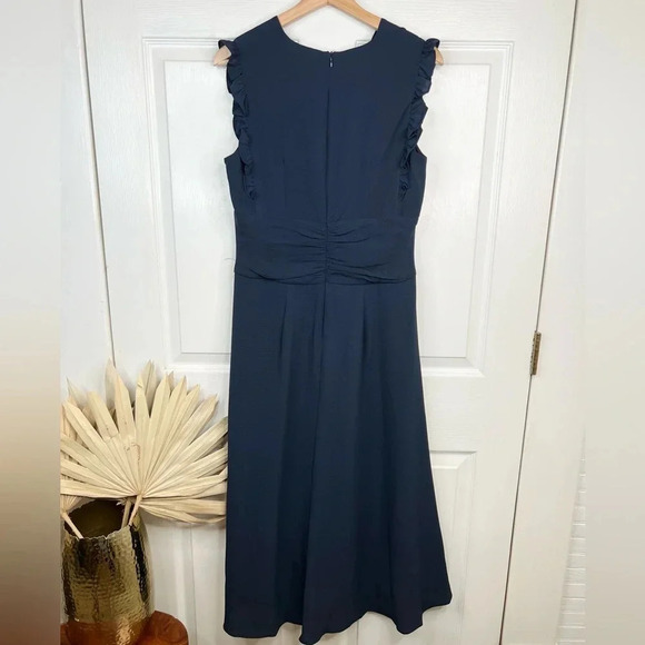 Maggy London Women's Blue V-Neck Hi-Lo Midi Dress Ruffle Detail Size 10 - Picture 3 of 12